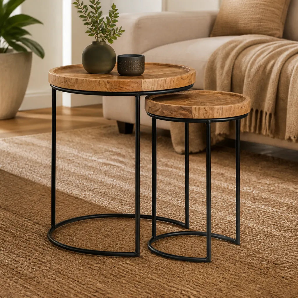 Tables d'appoint gigognes en acacia massif, lot de 2