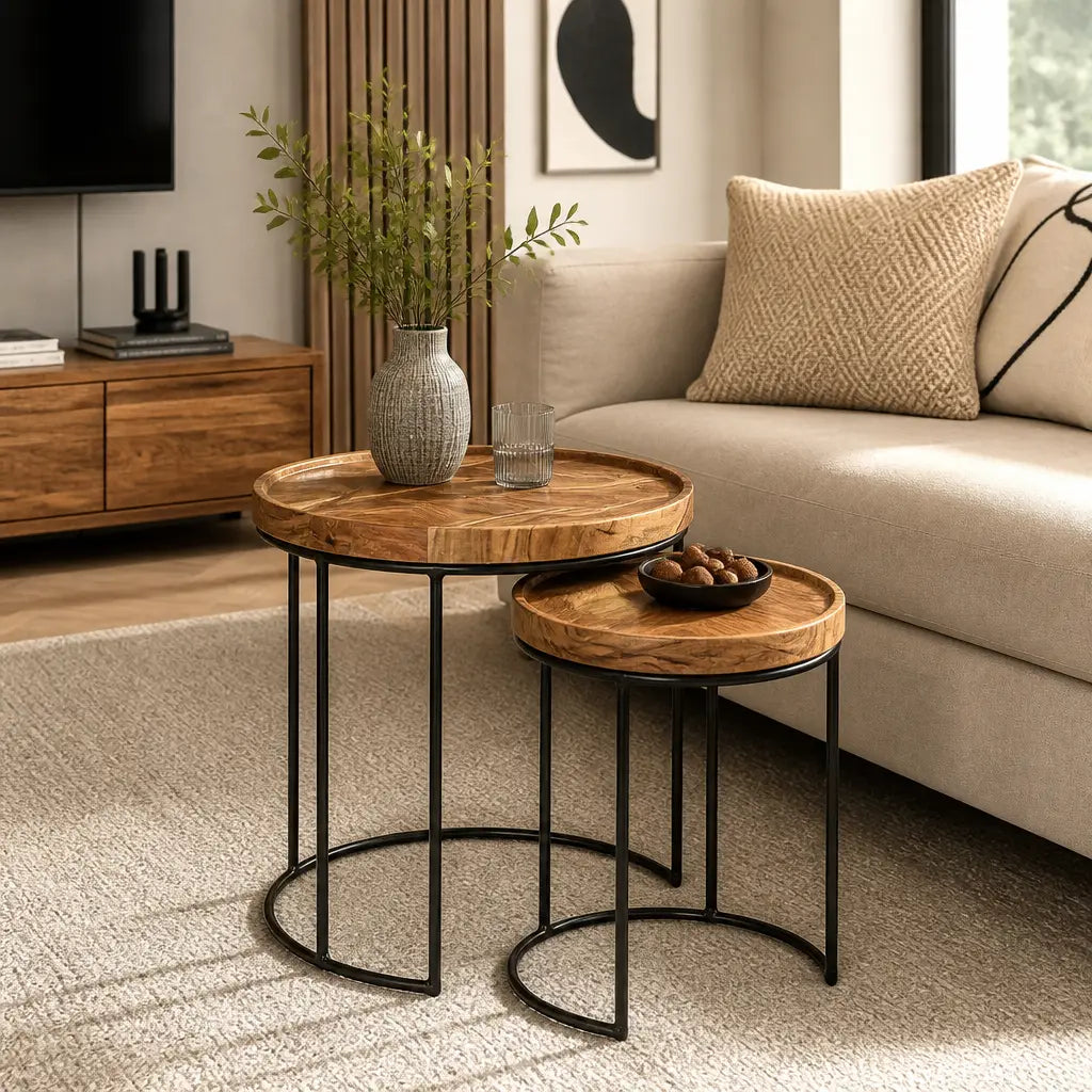 Tables d'appoint gigognes en acacia massif, lot de 2