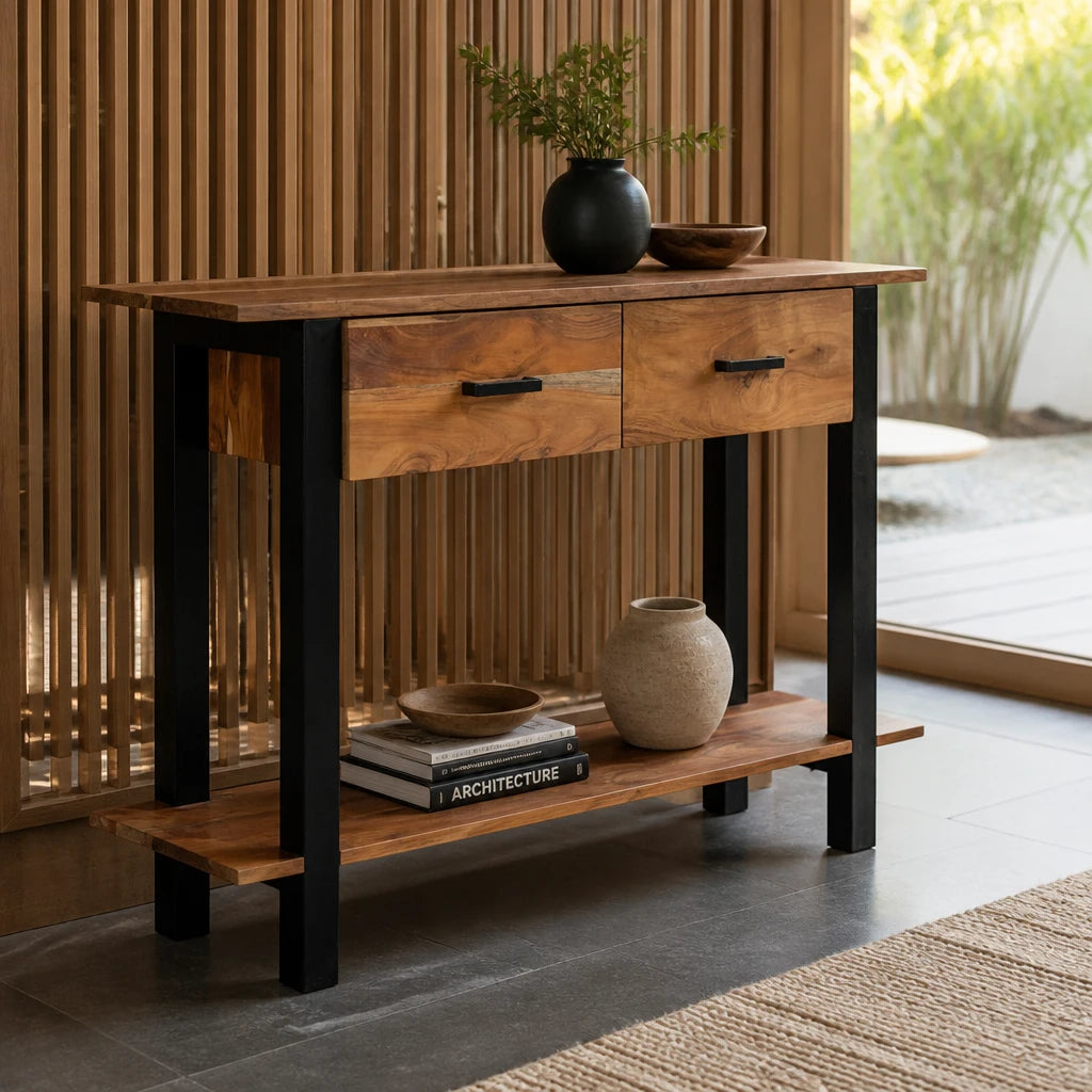 Console à tiroirs et étagère en acacia massif