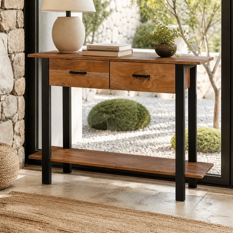 Console à tiroirs et étagère en acacia massif
