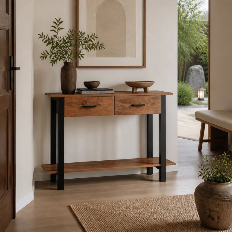 Console à tiroirs et étagère en acacia massif