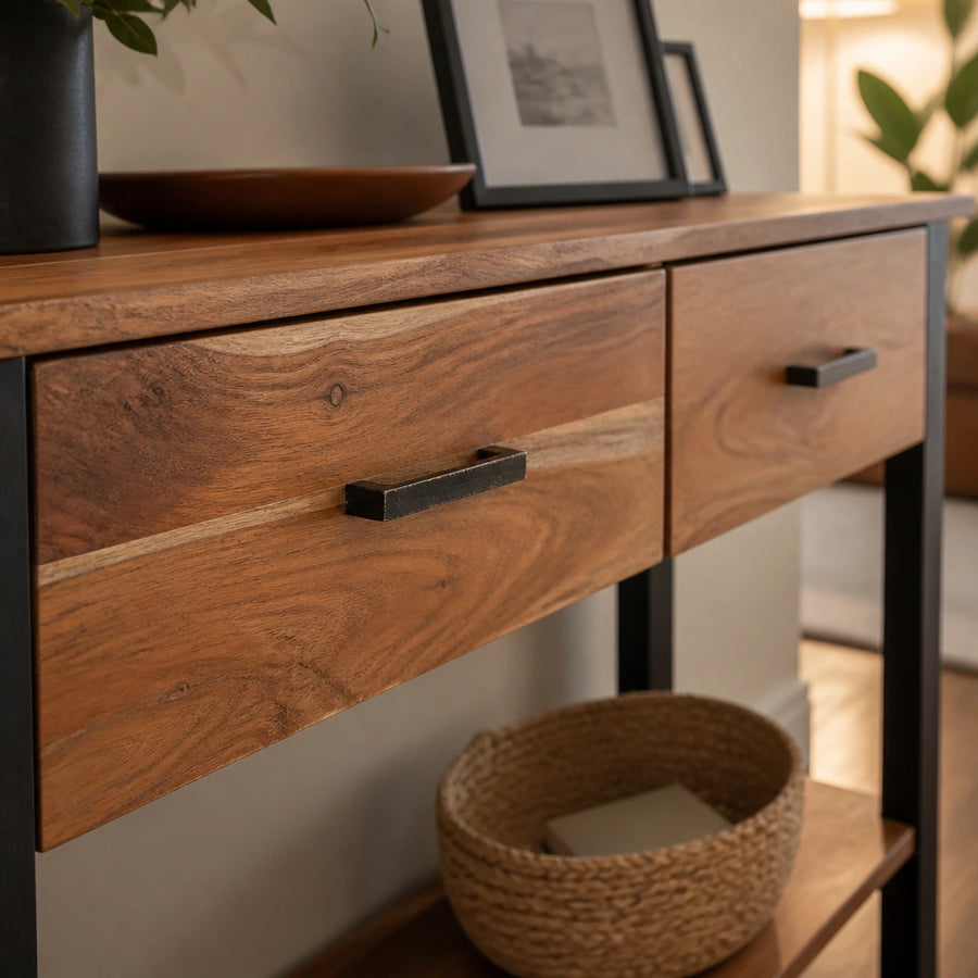 Console à tiroirs et étagère en acacia massif