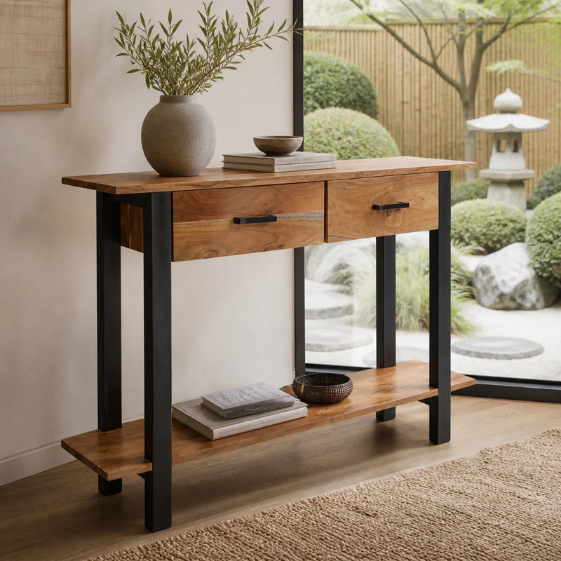 Console à tiroirs et étagère en acacia massif