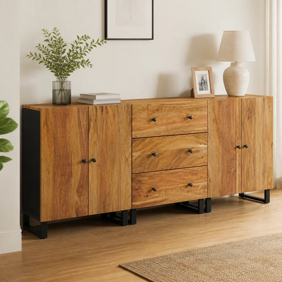 Ensemble de 3 buffets modulables en acacia et métal noir
