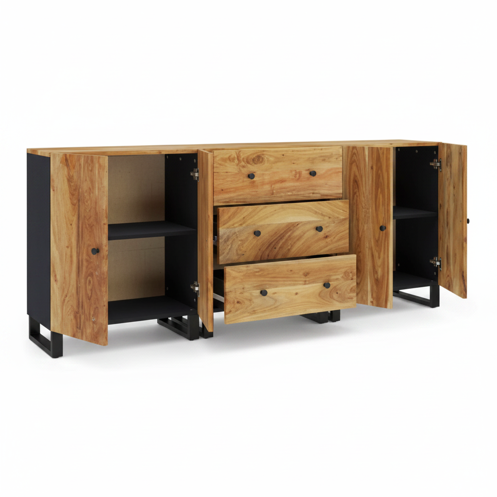 Ensemble de 3 buffets modulables en acacia et métal noir