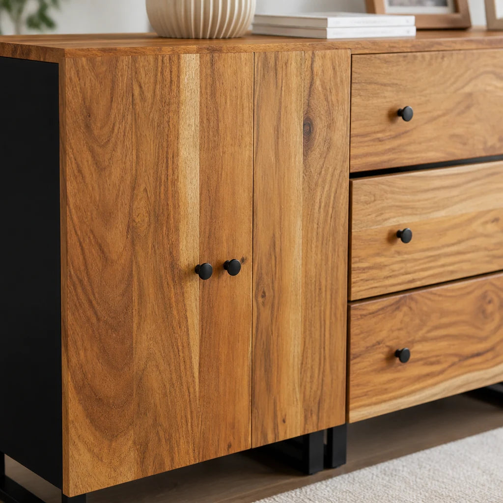 Ensemble de 3 buffets modulables en acacia et métal noir