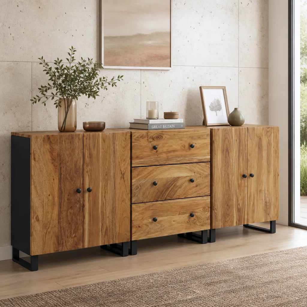 Ensemble de 3 buffets modulables en acacia et métal noir