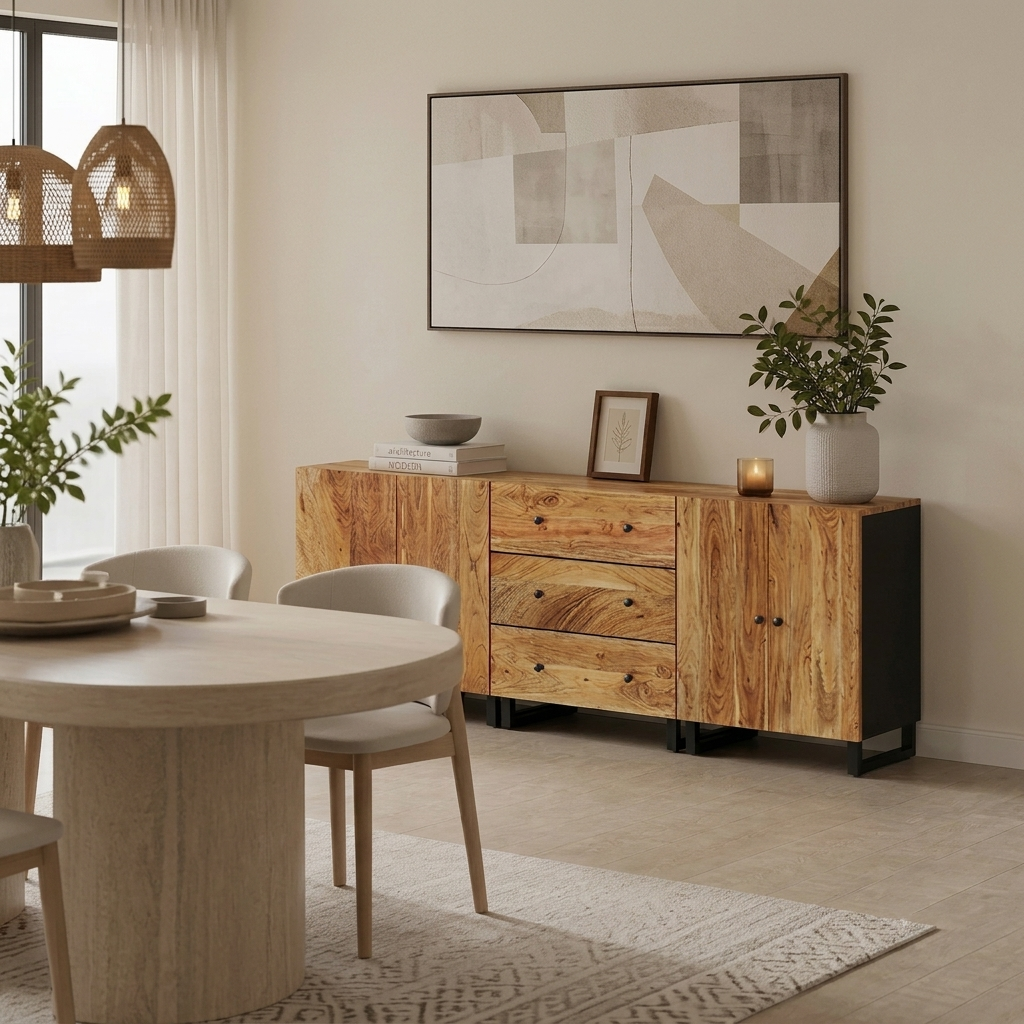 Ensemble de 3 buffets modulables en acacia et métal noir