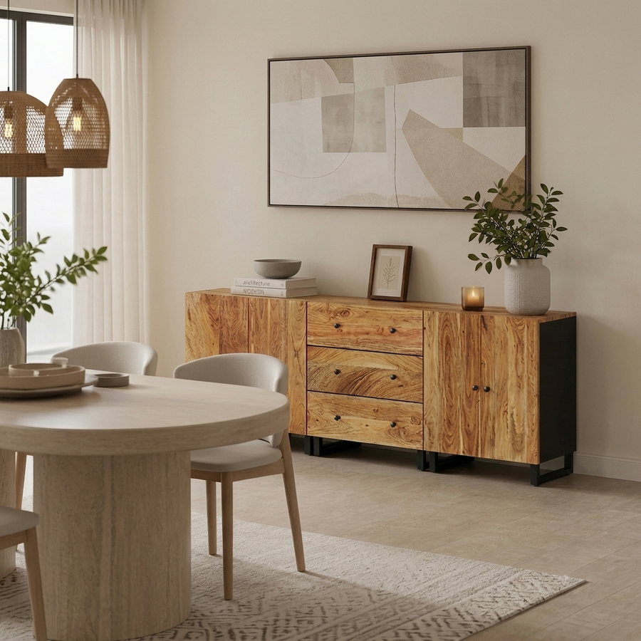 Ensemble de 3 buffets modulables en acacia et métal noir