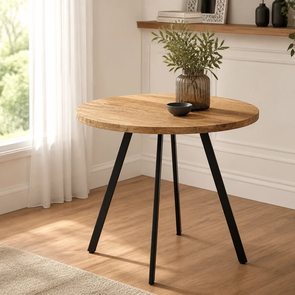Table à manger ronde en bois d'acacia massif et métal noir