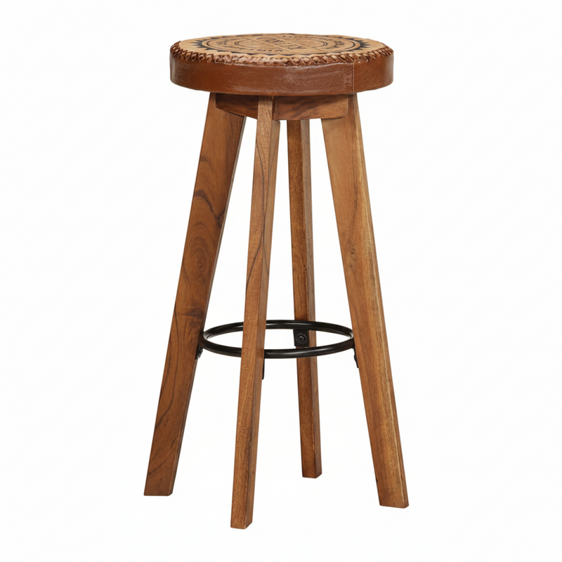 Tabourets de bar en acacia massif et cuir véritable - Lot de 2
