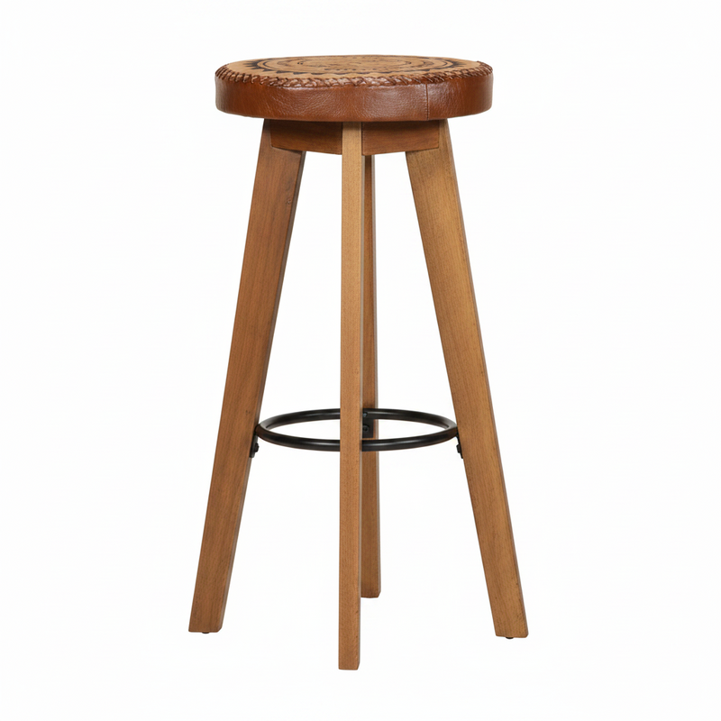 Tabourets de bar en acacia massif et cuir véritable - Lot de 2