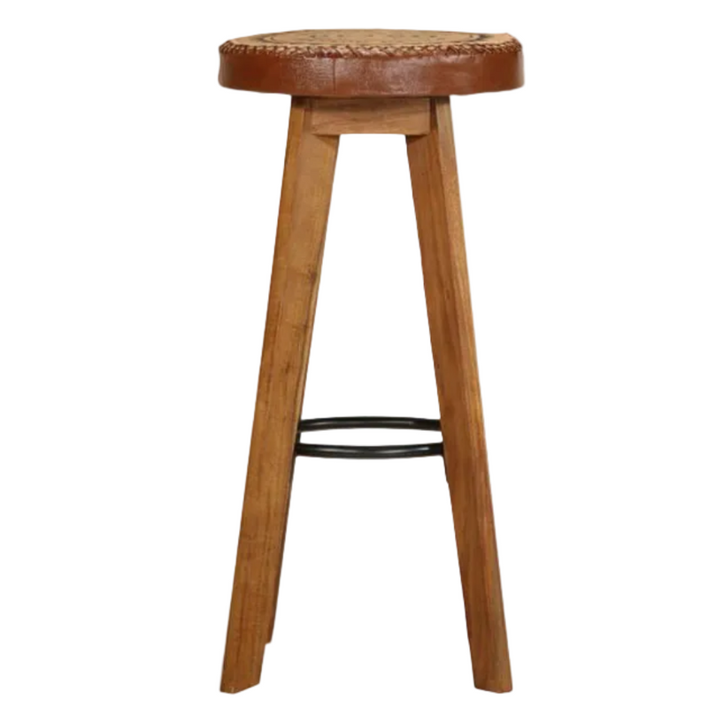 Tabourets de bar en acacia massif et cuir véritable - Lot de 2