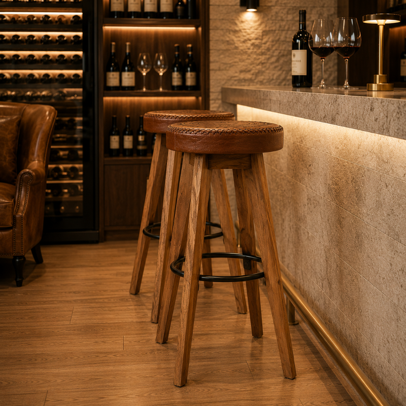Tabourets de bar en acacia massif et cuir véritable - Lot de 2