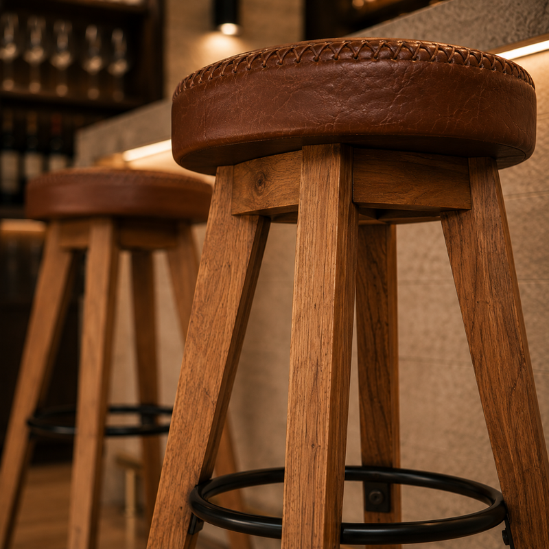 Tabourets de bar en acacia massif et cuir véritable - Lot de 2
