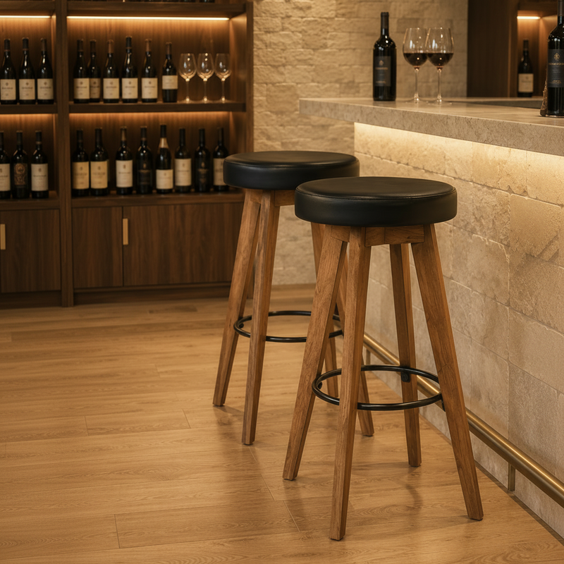 Tabourets de bar en acacia massif et cuir véritable - Lot de 2