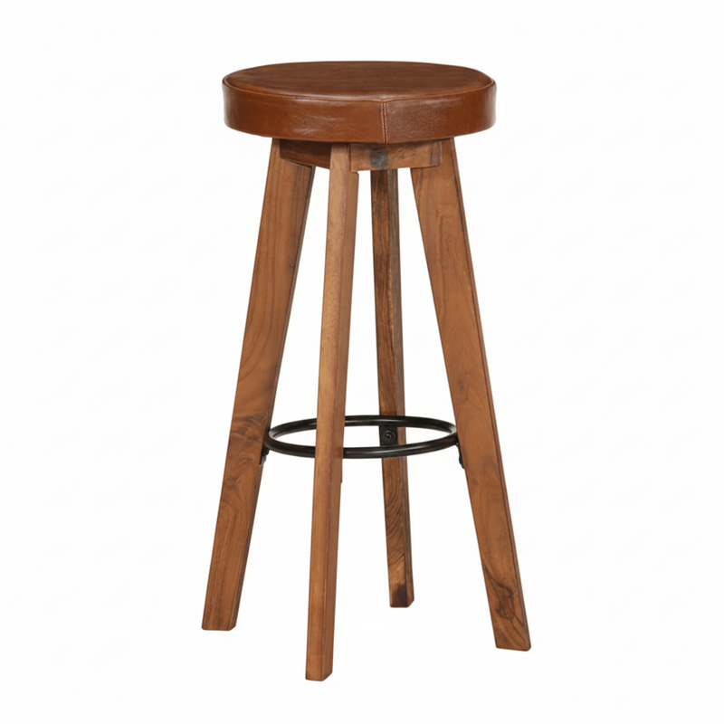 Tabourets de bar en acacia massif et cuir véritable - Lot de 2