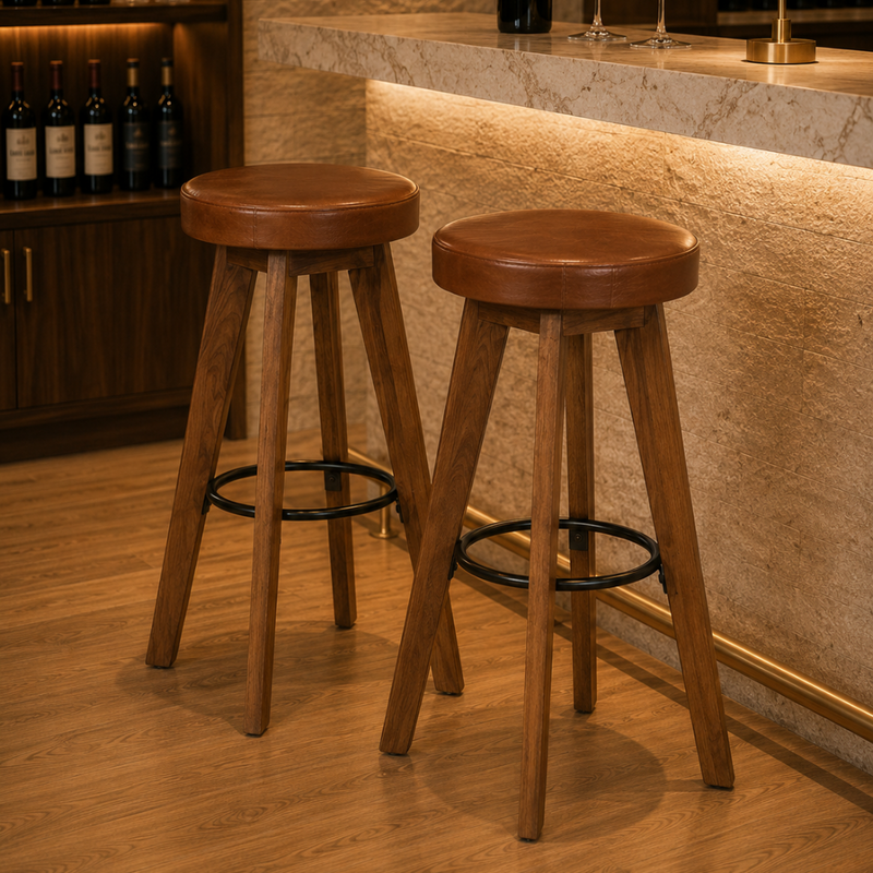 Tabourets de bar en acacia massif et cuir véritable - Lot de 2