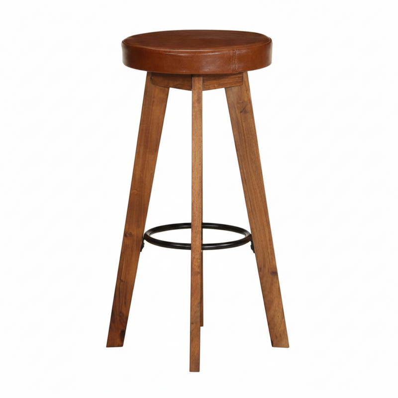 Tabourets de bar en acacia massif et cuir véritable - Lot de 2