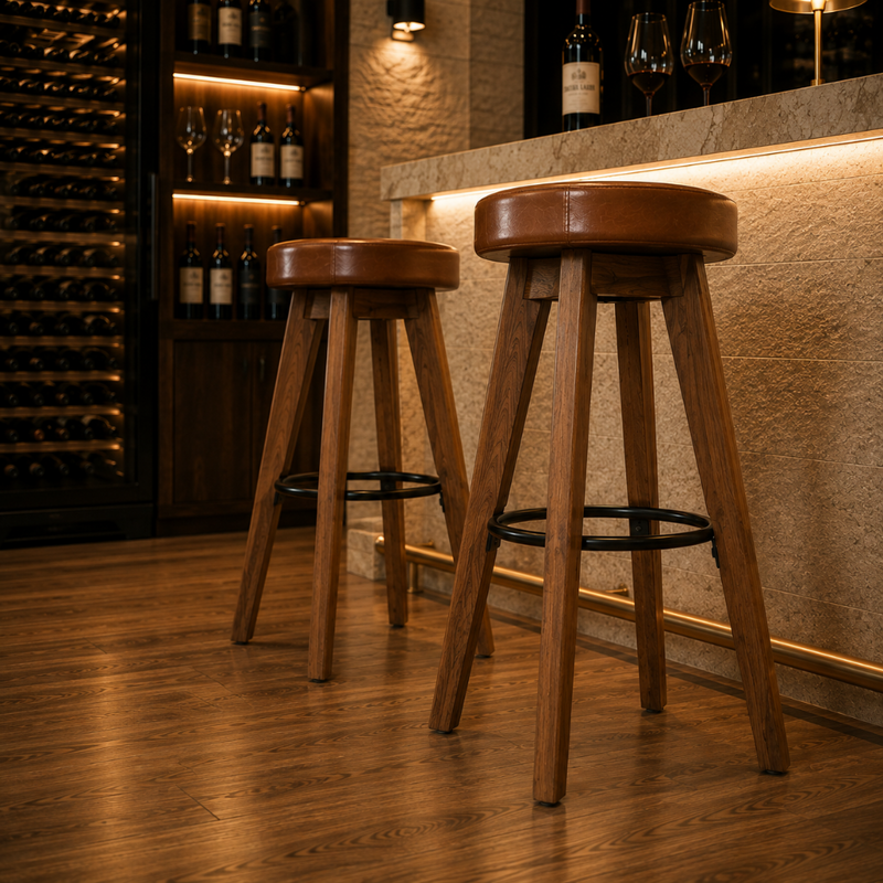 Tabourets de bar en acacia massif et cuir véritable - Lot de 2