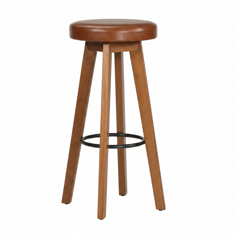 Tabourets de bar en acacia massif et cuir véritable - Lot de 2