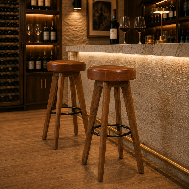 Tabourets de bar en acacia massif et cuir véritable - Lot de 2