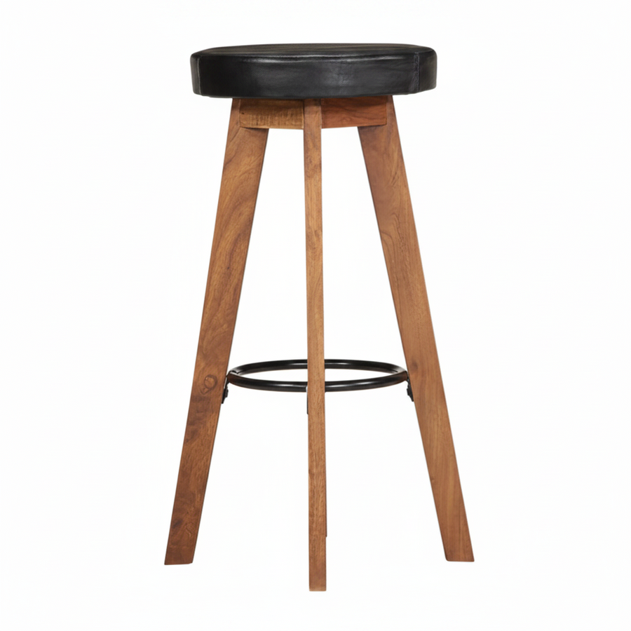 Tabourets de bar en acacia massif et cuir véritable - Lot de 2