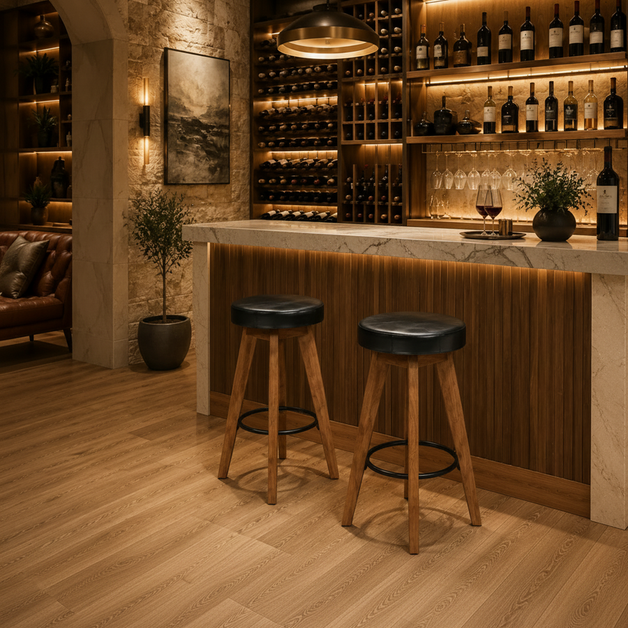 Tabourets de bar en acacia massif et cuir véritable - Lot de 2